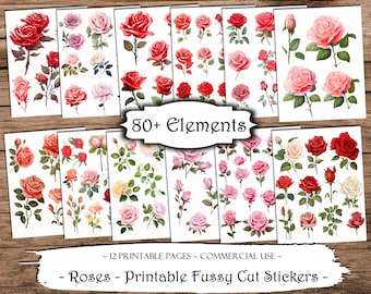 Roses Fussy Cut Stickers: Printable Ephemera for Junk Journals (Digital Download)