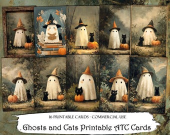 Ghosts and Cats ATC Cards, Junk Journal Cards, Digital Paper, Printable Journaling Cards, Digital Download, Scrapbooking, Ephemera