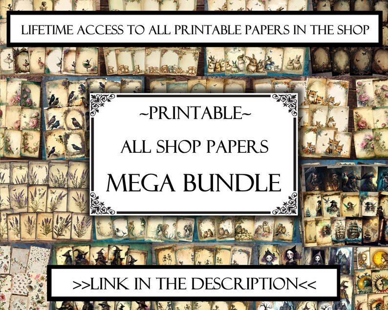 May include: A collage of digital paper designs for scrapbooking and crafting. The papers feature various themes, including birds, flowers, and whimsical characters. The text on the image reads "Lifetime access to all printable papers in the shop -Printable- All shop papers Mega Bundle >>Link in the description<<"