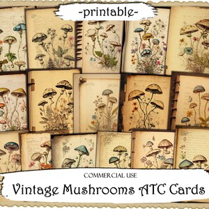 cartes ATC de champignons vintage, cartes de journal indésirable, papier numérique, cartes de journalisation imprimables, téléchargement numérique, scrapbooking, éphémères, artisanat