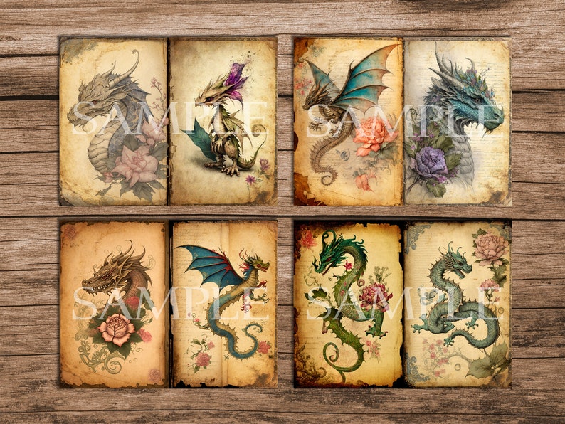 May include: Six vintage-style illustrations of dragons with floral accents. Each illustration features a different dragon design with varying colors and poses. The illustrations are set against a background of aged paper.
