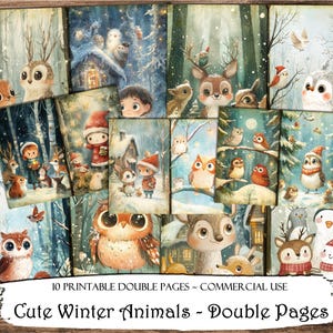 Páginas duplas de animais fofos de inverno, kit de diário de lixo, scrapbooking, papéis digitais, folhas de colagem, suprimentos de diário, cartões imprimíveis de itens efêmeros
