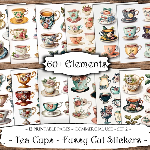 Tea Cups Fussy Cut Printable Stickers, Junk Journal Printable Ephemera, Junk Journal Kit, Scrapbook Supplies, Collage Sheets, Paper Craft