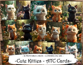 Cute Kitties ATC Cards, Junk Journal Cards, Carta digitale, Carte di journaling stampabili, Download digitale, Scrapbooking, Ephemera, Craft