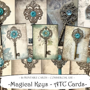 Cartes ATC Magical Keys, cartes de journal indésirable, papier numérique, cartes de journalisation imprimables, téléchargement numérique, scrapbooking, éphémères, cartes ATC
