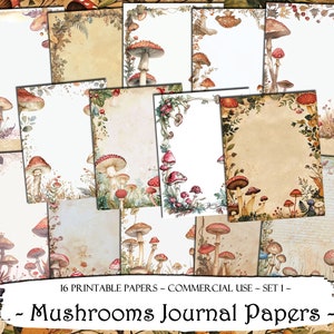 Papéis de diário de cogumelos, kit de lixo eletrônico, papéis digitais, scrapbooking, suprimentos de diário, papéis imprimíveis, coisas efêmeras, suprimentos para scrapbook