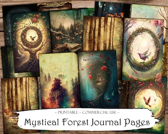 May include: A set of 10 printable journal pages featuring mystical forest scenes. The pages include images of trees, birds, flowers, and other nature elements. The pages are perfect for adding a touch of whimsy and magic to your journal.