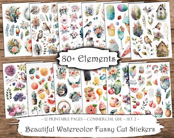 Watercolor Fussy Cut Stickers: Junk Journal Ephemera (Digital Download)