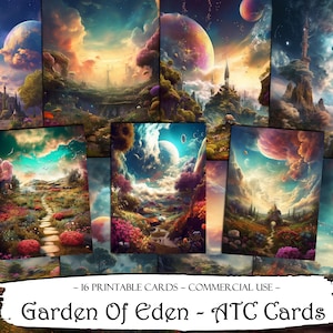 Puede incluir: 16 tarjetas ATC imprimibles que presentan una escena de jardín caprichosa con un camino sinuoso, vegetación exuberante y flores coloridas. Las tarjetas tienen un tema de fantasía con planetas flotantes y un castillo en el fondo.
