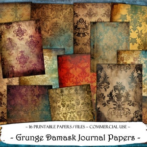 Grunge Damask Journal Papers, Junk Journal Kit, Digital Papers, Scrapbooking, Journal Supplies, Printable Papers, Ephemera, Textures