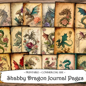 May include: A set of 12 digital printable journal pages featuring shabby chic style illustrations of dragons with floral accents. The pages are perfect for adding a touch of whimsy to your journals, planners, or scrapbooks.