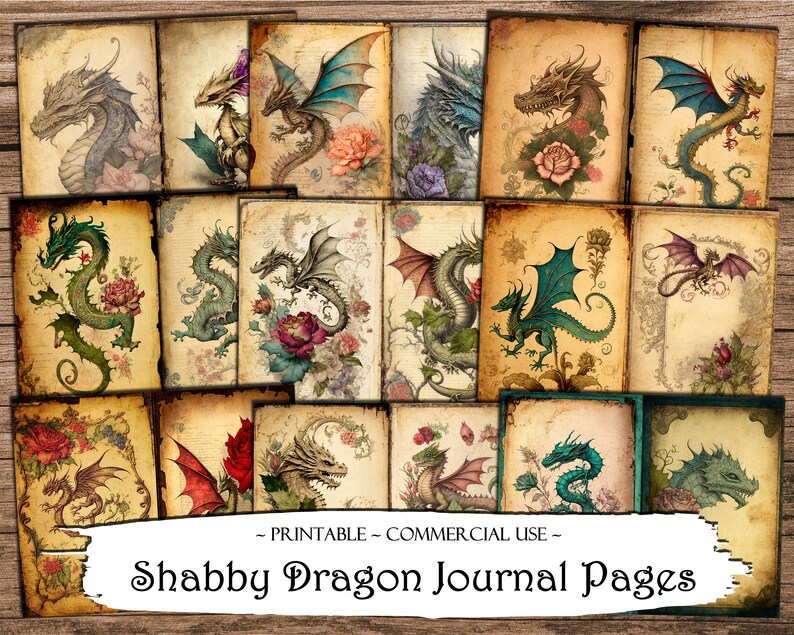 May include: A set of 12 digital printable journal pages featuring shabby chic style illustrations of dragons with floral accents. The pages are perfect for adding a touch of whimsy to your journals, planners, or scrapbooks.