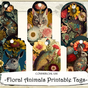 Floral Animals Junk Journal Tags, Printable Tags, Junk Journal Supplies, Scrapbooking Supplies, Ephemera Printable Paper, Labels Printable