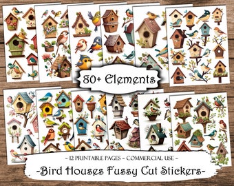 Bird Houses Fussy Cut Stickers: Printable Ephemera (Digital Download)