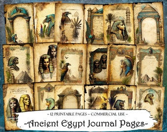 May include: Twelve printable journal pages featuring an ancient Egyptian theme. The pages include images of pharaohs, pyramids, hieroglyphics, and other Egyptian motifs. The pages are designed to be used for journaling, scrapbooking, or other creative projects.