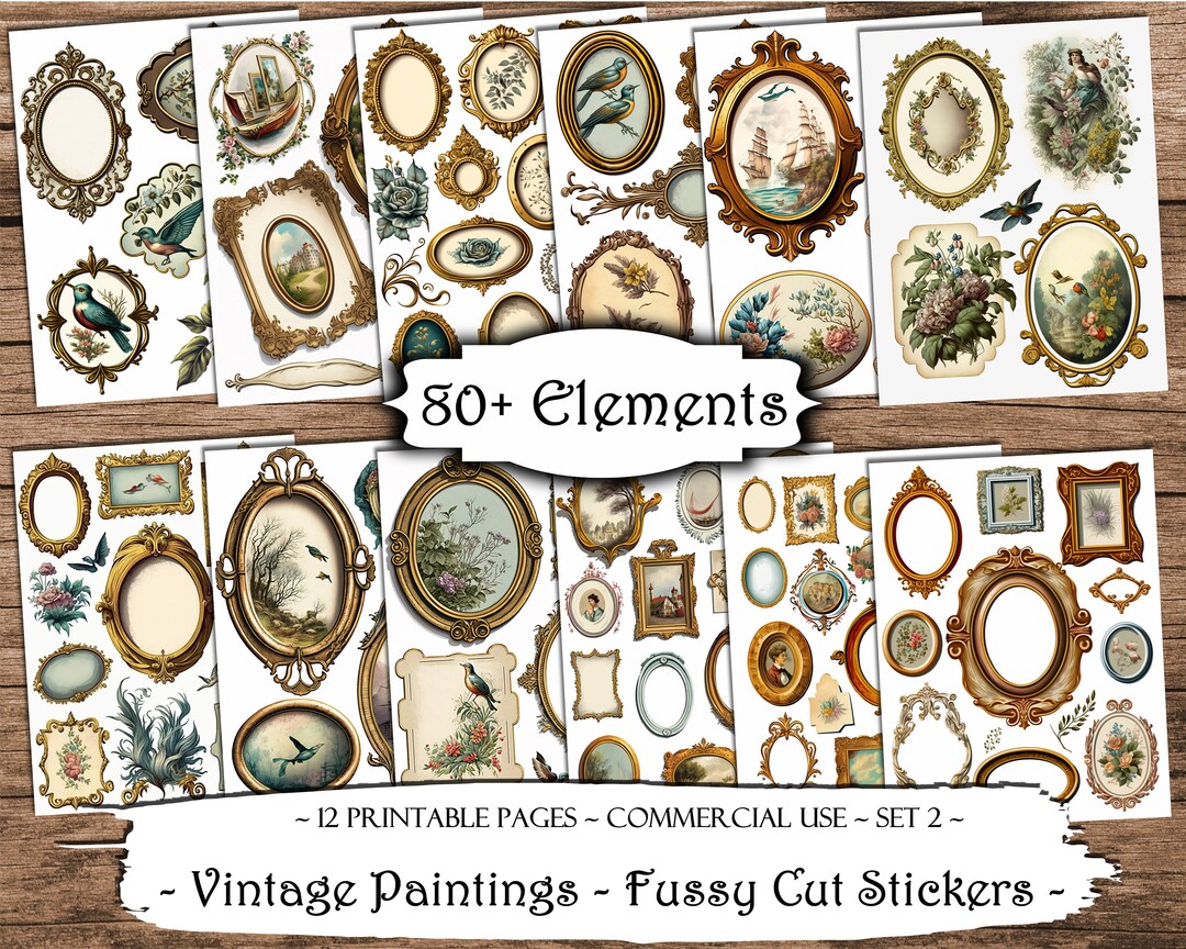 Vintage Paintings Fussy Cut Printable Stickers, Junk Journal Printable ...