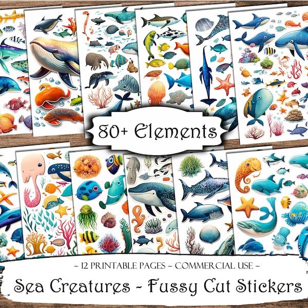 Sea Creatures Fussy Cut Printable Stickers, Junk Journal Printable Ephemera, Junk Journal Kit, Scrapbook Supplies, Collage Sheets, Craft