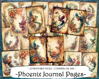 May include: Twelve printable journal pages featuring colorful phoenix birds with intricate floral designs and ornate frames. The pages are perfect for adding a touch of whimsy and magic to your journals, scrapbooks, or other creative projects.