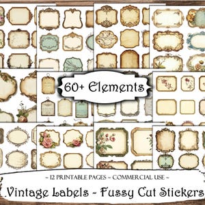 Vintage Labels Fussy Cut Stickers, Junk Journal Kit, Printable Stickers, Printable Ephemera, Scrapbook Supplies, Collage Sheets, Card Making