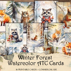 Cartões ATC da floresta de inverno, cartões para impressão, kit de diário de lixo, scrapbooking, coisas efêmeras para impressão, suprimentos para scrapbook, fabricação de cartões, artesanato em papel
