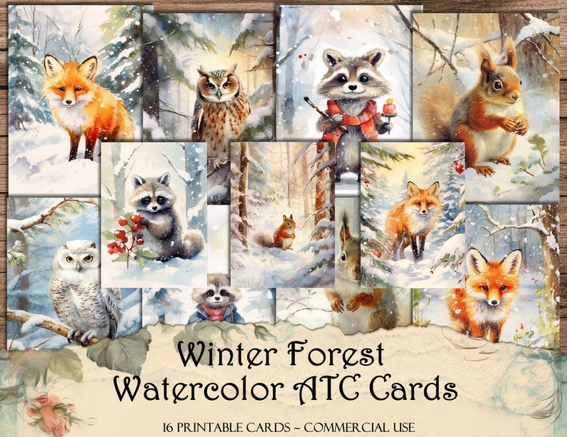 Cartes d'aquarelle de forêt d'hiver : éphémères ATC imprimables (téléchargement numérique) image 1
