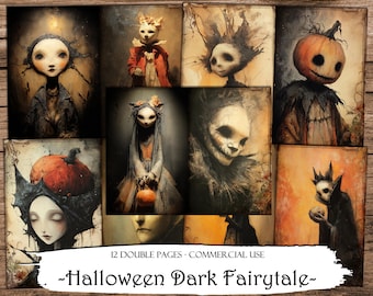 May include: A collection of digital art prints with a dark fairytale theme. The images feature eerie characters with pale skin, pumpkins, and a spooky aesthetic. The text reads "12 DOUBLE PAGES - COMMERCIAL USE" and "-Halloween Dark Fairytale-".