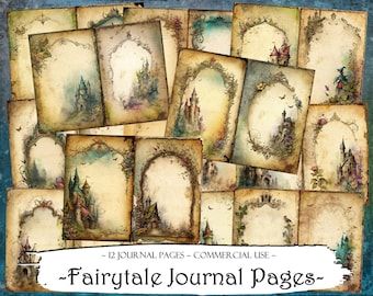 May include: Twelve printable journal pages featuring whimsical illustrations of castles, flowers, and birds in a vintage style. The pages have a distressed, aged look with ornate borders.