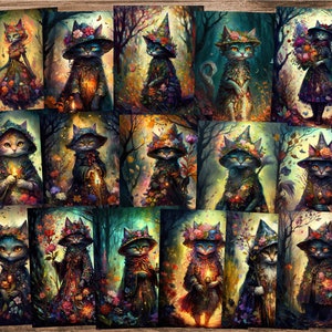 May include: A set of 16 digital illustrations featuring whimsical cats wearing witch hats adorned with flowers and holding various objects. The cats are depicted in a forest setting with a magical and enchanting atmosphere.