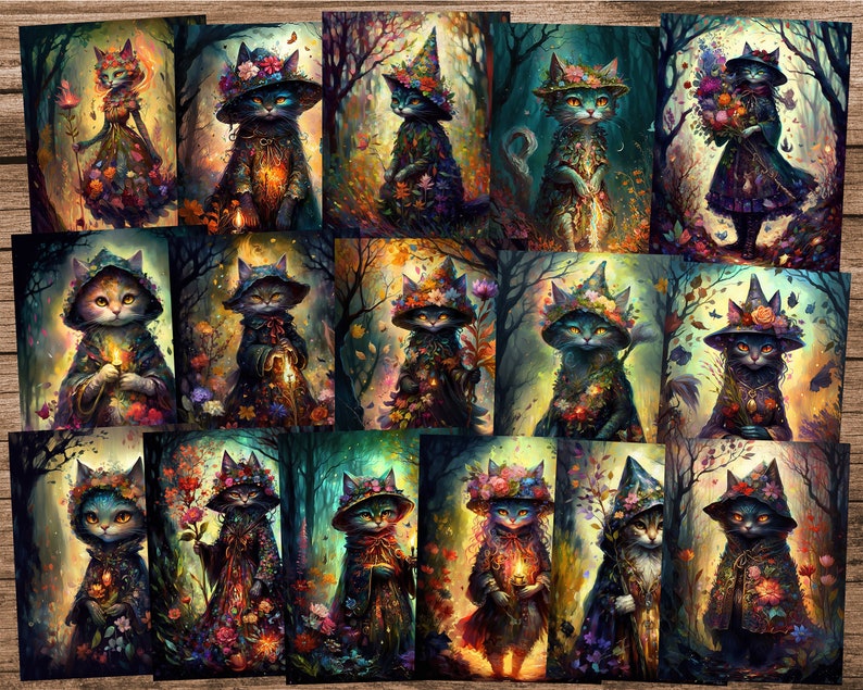 May include: A set of 16 digital illustrations featuring whimsical cats wearing witch hats adorned with flowers and holding various objects. The cats are depicted in a forest setting with a magical and enchanting atmosphere.