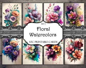 Floral Watercolors ATC Cards, Junk Journal Cards, Digital Paper, Printable Journaling Cards, Scrapbooking, Ephemera, Paper Crafts, Printable