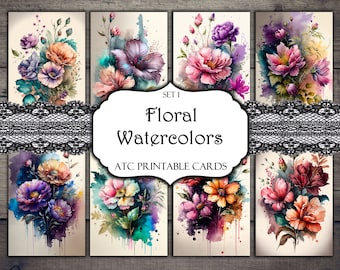 Floral Watercolors ATC Cards, Junk Journal Cards, Digital Paper, Printable Journaling Cards, Scrapbooking, Ephemera, Paper Crafts, Printable