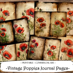 Vintage Poppies Journal Pages, Junk Journal Kit, Journaling Supplies, Scrapbooking Pages, Junk Journal Pages, Ephemera, Scrapbook Supplies