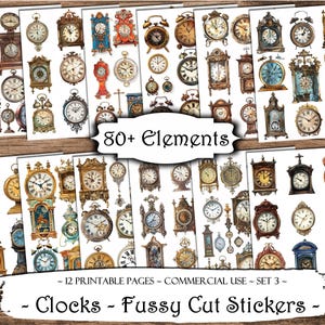 Puede incluir: Doce páginas imprimibles de imágenes de relojes vintage, perfectas para cortar con precisión y manualidades. Las imágenes presentan una variedad de estilos, incluyendo relojes ornamentados, antiguos y modernos. El conjunto incluye más de 80 elementos, perfectos para scrapbooking, creación de tarjetas y otras manualidades de papel.