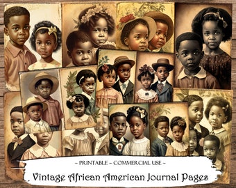 May include: Vintage journal pages featuring illustrations of African American children. The pages are printed on a textured paper with a brown background. The text on the bottom of the page reads "Vintage African American Journal Pages".