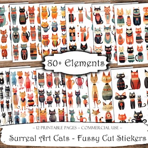 Autocollants imprimables surréalistes Art Cats Fussy Cut, Junk Journal Printable Ephemera, Junk Journal Kit, Scrapbook Supplies, Collage Sheets, Craft