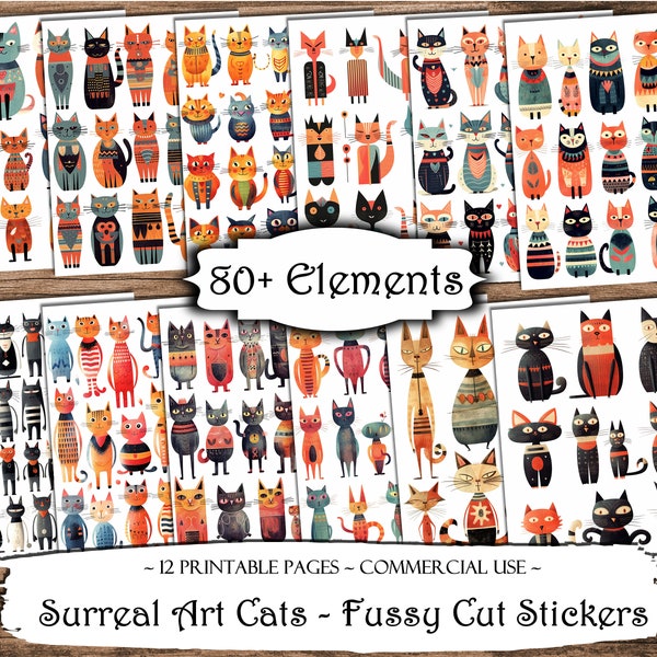 Surreal Art Cats Fussy Cut Printable Stickers, Junk Journal Printable Ephemera, Junk Journal Kit, Scrapbook Supplies, Collage Sheets, Craft