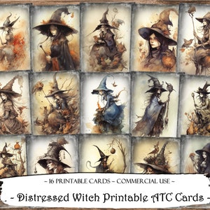 Cartes ATC Sorcière en détresse, kit de journal indésirable, papier numérique, cartes de journalisation imprimables, écusson ATC, scrapbooking, éphémères, cartes imprimables