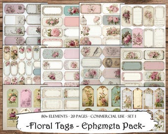 Floral Ephemera Pack: Junk Journaling, Scrapbooking Collage Sheets, Printable Labels (Digital Download)