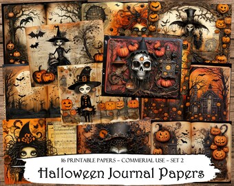 May include: A collection of 16 printable Halloween journal papers with a spooky theme. The papers feature illustrations of witches, pumpkins, bats, and haunted houses in shades of orange, black, and brown. The text on the image reads "Halloween Journal Papers".