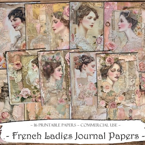 Páginas de diário feminino francês, kit de diário lixo, papéis digitais, scrapbooking, suprimentos de diário, papéis imprimíveis, coisas efêmeras, artesanato em papel