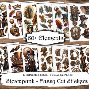 Naklejki Steampunk Fussy Cut Printable, Ulotne materiały do druku Junk Journal, Zestaw Junk Journal, Materiały do scrapbookingu, Arkusze kolażowe, Rękodzieło papierowe