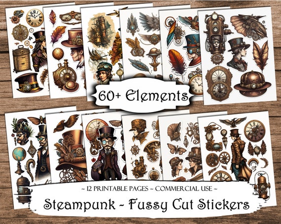 Steampunk Fussy Cut Stickers: Printable Junk Journal Ephemera (Digital Download)