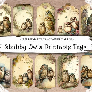 Shabby Eulen Junk Journal Tags, druckbare Tags, Junk Journal Zubehör, Scrapbooking Zubehör, Ephemera, druckbares Papier, druckbare Etiketten