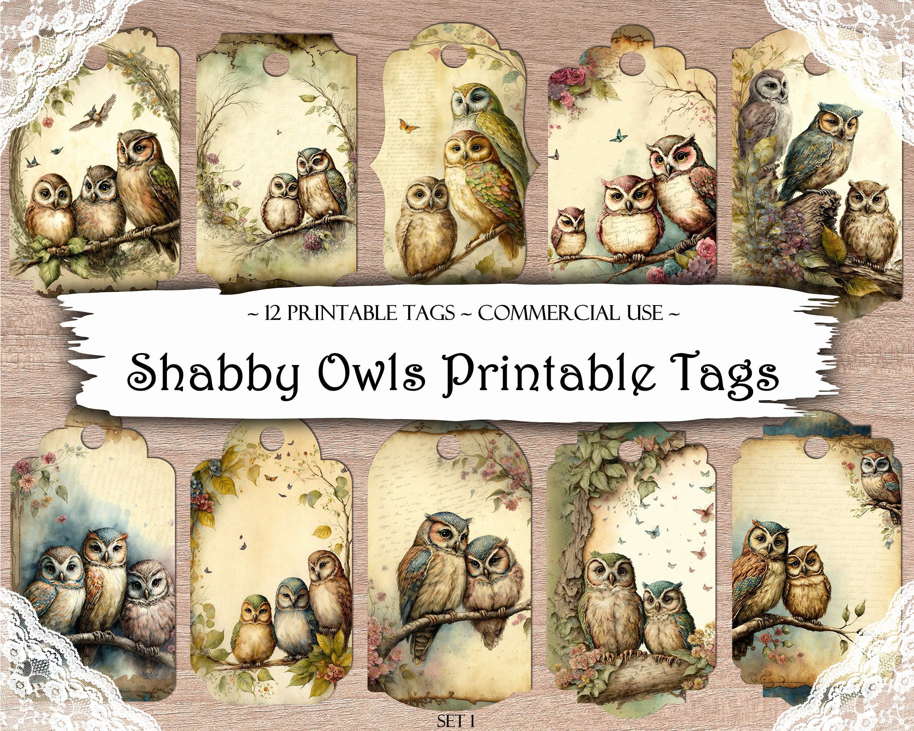 Shabby Chic Owl Printable Tags: Junk Journal Ephemera (Digital Download)
