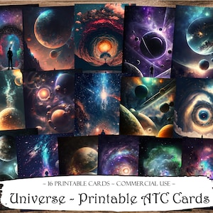 May include: A set of 16 printable ATC cards featuring colorful, abstract space scenes with planets, stars, and galaxies. The cards are perfect for adding a touch of cosmic wonder to your craft projects.