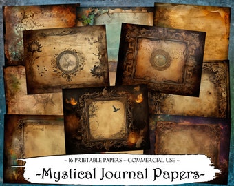 May include: A set of 16 printable digital papers featuring a mystical theme. The papers have a vintage, aged look with ornate frames, swirling patterns, and handwritten text.  The papers are perfect for scrapbooking, card making, and other crafting projects.