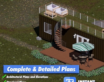 Tucson | 45ft High Cube Container Home Plans - 1 Bed, 1 Bath Studio with Rooftop Patio | DIY Engineering Drawings