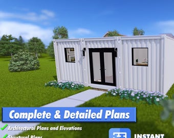Modern 2 Bedroom Container Home Plans | 40x24 DIY Shipping Container House | 2 Bed 2 Bath Floor Plan w/ Island Kitchen & Wet Bar - Minimal