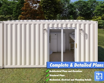 May include: A white shipping container converted into a small home with a door open revealing a simple interior with a refrigerator and bunk beds. The text "Complete & Detailed Plans" is displayed below the image along with a list of included plans: Architectural Plans and Elevations, Structural Plans, Mechanical, Electrical and Plumbing Details. The text "INSTANT DOWNLOAD" is displayed in a blue box with a white icon of a house.