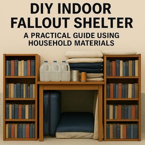 Op de afbeelding: Afbeelding van een doe-het-zelf indoor schuilkelder gemaakt van huishoudelijke materialen. De schuilkelder bevat boekenplanken, een tafel, waterkruiken, conserven en een koffer. De tekst op de afbeelding luidt: DIY INDOOR FALLOUT SHELTER, A PRACTICAL GUIDE USING HOUSEHOLD MATERIALS.